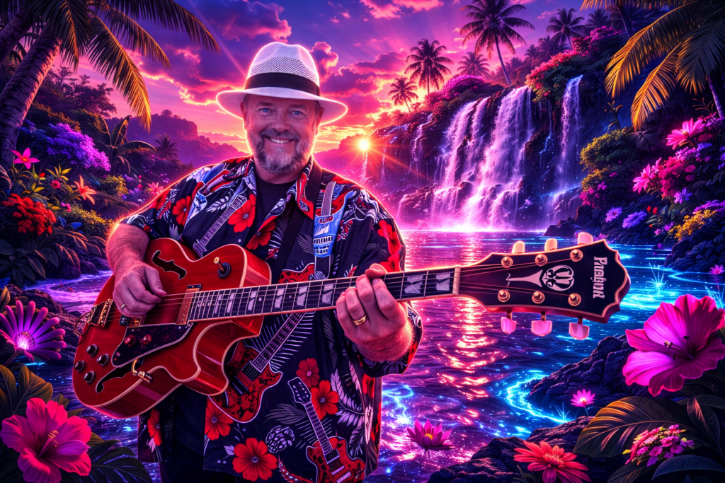 tropical paradise jam session at sunset
